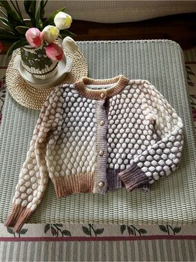 Gradient Bubble-Stitch Pearl-Button Cardigan - Neutral Multi